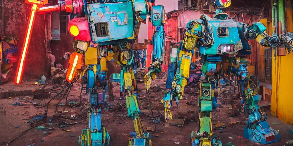 Image similar to colourful - damaged - giant mecha ROBOT of neon lit AJEGUNLE SLUMS of Lagos, markings on robot, Golden Hour,