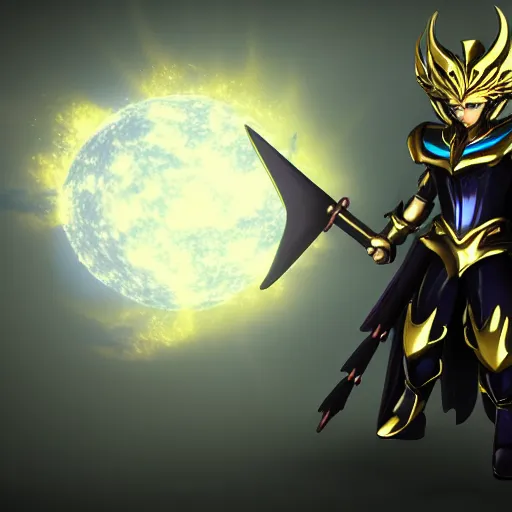 Image similar to full shot of angry darkness Saint Seiya knight at moonlight, wearing golden Cat armor, inspired by Masami Kurumada, detailed, unreal engine 4k volumetric light, fog,