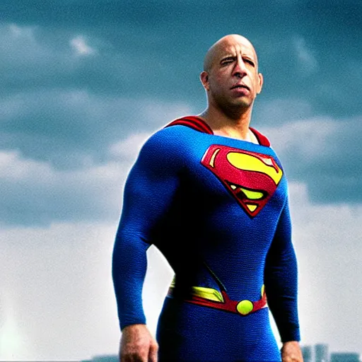 Image similar to film still of vin diesel as superman, film grain