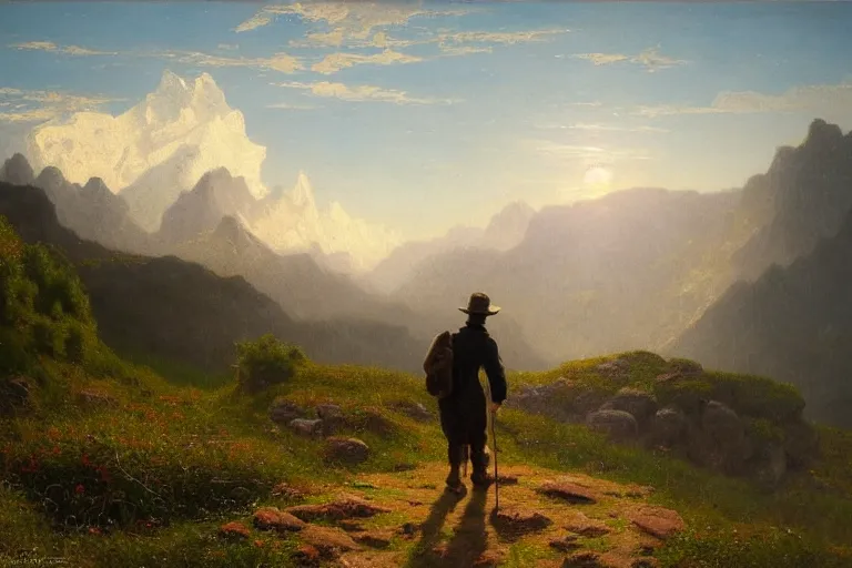 Image similar to a traveler wandering trough the mountains looking at the clouds, very detailed, focused, oil painting, cinematic lighting, albert bierstadt, trending on artstation, colorful, canvas, sunset, hans dahl, theodor kittelsen, hermann hendrich, national geographic, Konstantin Yakovlevich Kryzhitsky, greg rudkowski, beautiful nature, breathtaking