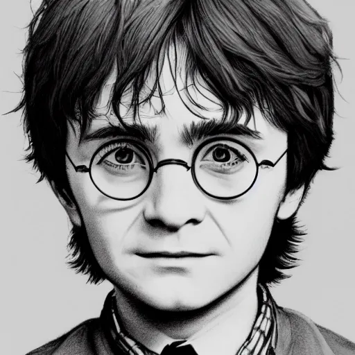 Image similar to a close up portrait of harry potter as a child, art station, highly detailed, concept art, sharp focus, illustration in pen and ink, wide angle, by Kentaro Miura