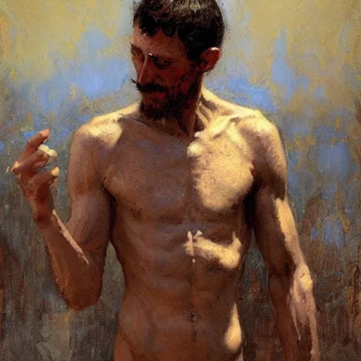 Prompt: a man with an emaciated body type, painting by Gaston Bussiere, Craig Mullins