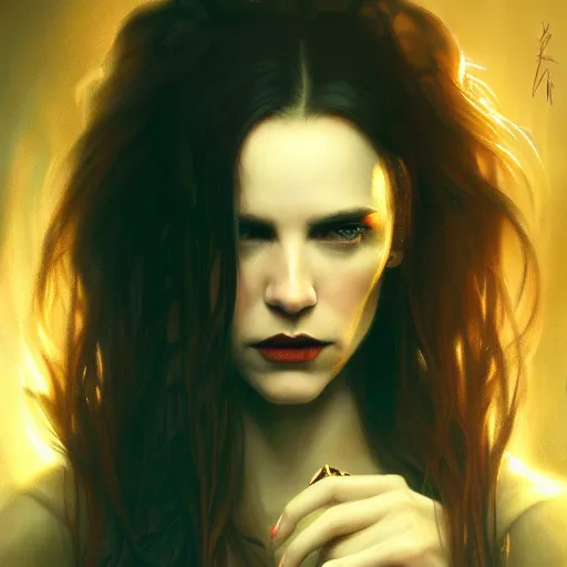 Prompt: majestic gracious regal female brunette vampire portrait, menacing atmospheric lighting, painted, menacing, intricate, volumetric lighting, beautiful, rich deep colours masterpiece, golden hour, sharp focus, ultra detailed, by leesha hannigan, ross tran, thierry doizon, kai carpenter, ignacio fernandez rios