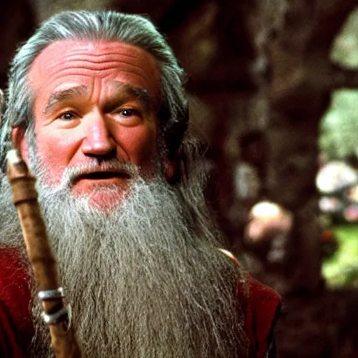 Image similar to Robin Williams playing Gandalf in Lord-of-the-Rings, screenshot