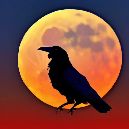 Prompt: a raven in front of a red moon