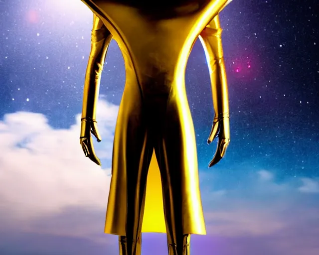 Prompt: closeup of an alien with no helmet wearing a long flowing cloth shirt over stylish large futuristic golden armor suit walking to a tall alien city with buildings and lights in the background, night sky with stars, light fog, beautiful colorful, incredible detail, anamorphic 2 0 mm lens flare