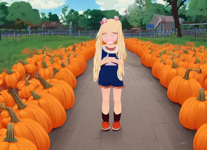 Prompt: little girl with long blonde hair visiting a pumpkin patch. she is facing away from the viewer. clean cel shaded vector art. shutterstock. behance hd by lois van baarle, artgerm, helen huang, by makoto shinkai and ilya kuvshinov, rossdraws, illustration, art by ilya kuvshinov