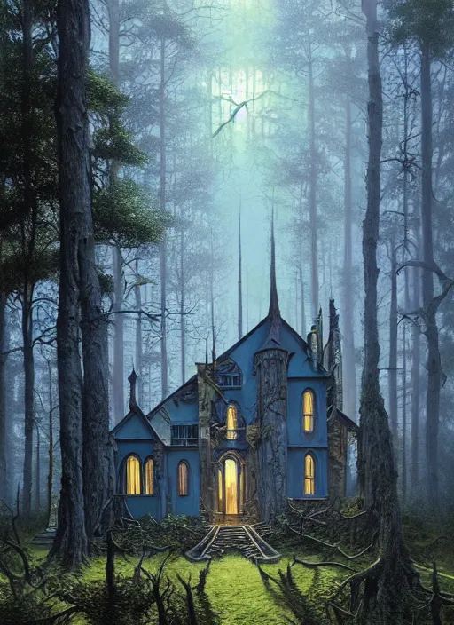 Image similar to hyper realistic witchy modern gothic house with mood lighting and tech in the woods gorgeous lighting, sunbeams blue sky, highly detailed, lush forest foliage painting by zdzisław beksinski and norman rockwell and greg rutkowski weta studio, and lucasfilm