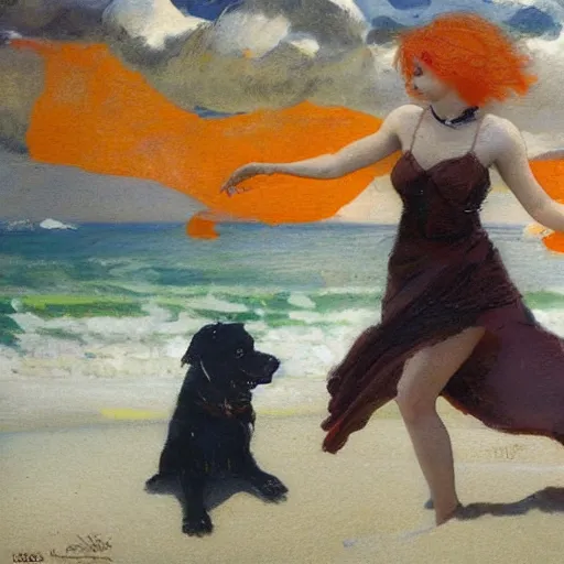 Image similar to beautiful woman with orange hair, tiny white dog, dean cornwell style, on the beach