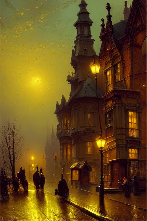 Image similar to detailed painting of a victorian living capsule architecture, autumn dusk, street lights, filigree ornaments, andreas achenbach