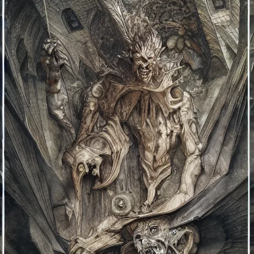 Image similar to disasterpiece gothic church gargoyle, watercolor, surreal Ptolemaic endevaour, by Edgar Maxence and Ross Tran and Michael Whelan and Da Vinci, intricate line drawings, 4k resolution