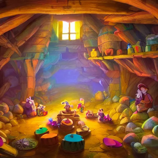 Prompt: a beautiful photo of the seven dwarfs mine, colorful crystals scattered around, and a mine cart full of crystals, natural light, concept art, cozy, atmospheric and cinematic lighting