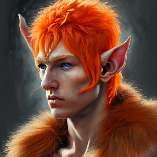 Prompt: portrait painting of a very young elven man with short light orange hair and tribal tattoos on his face wearing fur armor, sharp focus, award - winning, trending on artstation, masterpiece, highly detailed, intricate. art by james ryman