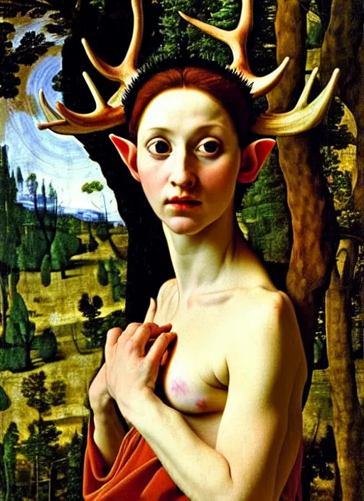 Image similar to elf woman that has antlers, forest in background, renaissance oil painting, by artemisia gentileschi, baroque, beautiful, feral, clear, crisp, sharp, award - winning, portrait, extremely detailed