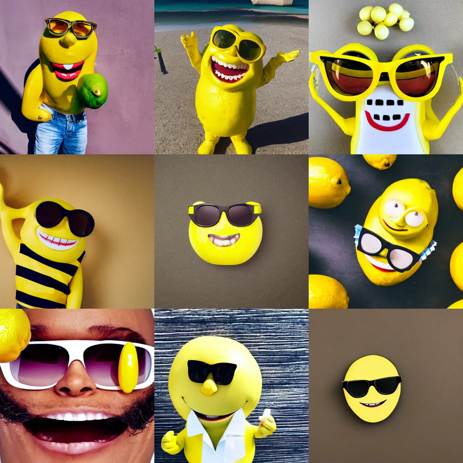 Prompt: Photo of a lemon character wearing sunglasses and smiling with perfect bright white teeth