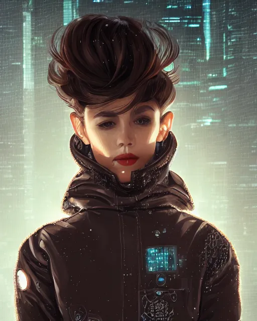 Prompt: detailed portrait guard woman with short brown hair seen from the back, cyberpunk futuristic, reflective puffer jacket, black leggings, decorated with traditional ornaments in front of a dystopian crowd with piles of garbage perfect face, fine details, realistic shaded, fine - face, pretty face by rossdraws