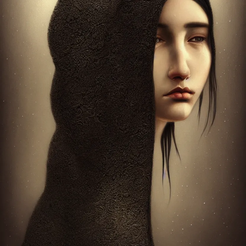Image similar to Portrait of a young woman with dark hair wearing a hooded robe, non-centered shot, unique, intricate, elegant, highly detailed, digital painting, artstation, concept art, smooth, sharp focus, illustration and art by beksinski