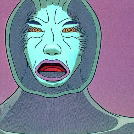 Prompt: a screenshot from fantastic planet where a character is showing emotions on its face