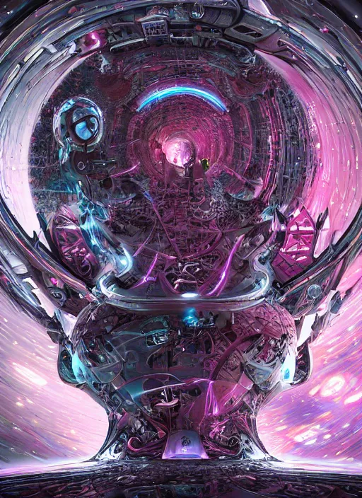 Image similar to the machine universe encounters a living cosmos inside an asymmetric orthogonal non - euclidean upside down inside out world with an infinite cosmic spiral waterfall of living information, inspired by android jones, hyperrealistic, digital art, futuristic sci - fi concept art, rendered in cinema 4 d, cryengine 4 k