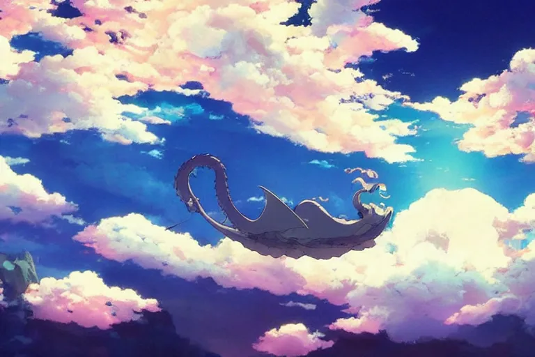 Image similar to painting of a dreamy cloudscape!, a flying dragon!!! in the foreground, exterior wide shot, otherworldly and ethereal by kazuo oga in the anime film by studio ghibli, screenshot from the anime film by makoto shinkai