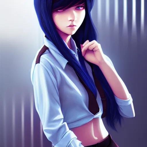 Image similar to urban high school girl in shirt fanart, dark blue long hair, muted colors, matte print, pastel colors, ornate, digital art, digital painting, fan art, elegant, artstation, by Ilya Kuvshinov