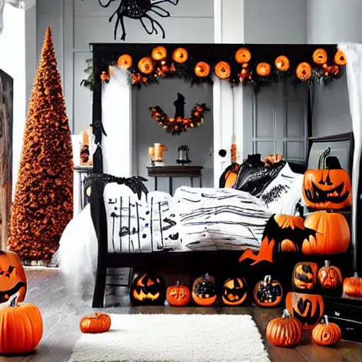 Prompt: homemade halloween themed christmas bedroom ideas, high resolution, creative, visually appealling