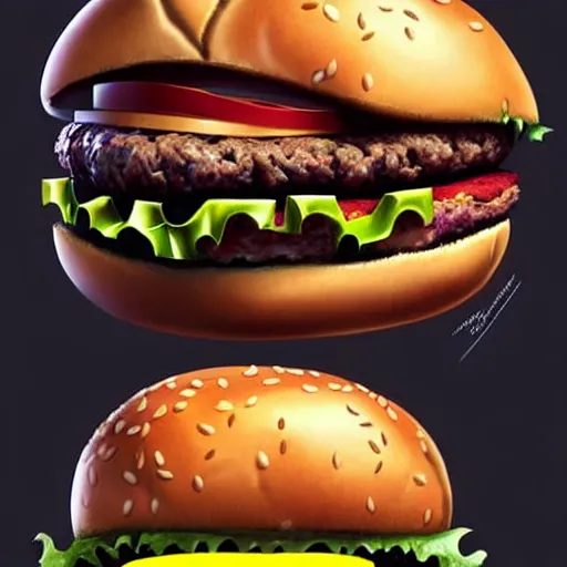 Prompt: a burger monster with a hamburger head, hamburger monster, burger face, burger with human eyes, burger with human mouth, teeth, very detailed eyes, french fries as arms, character concept art, fantasy, intricate, fantasy drawing, illustration, highly detailed, hyperrealistic, cgsociety, artstation, oil painting by greg rutkowski, by artgerm