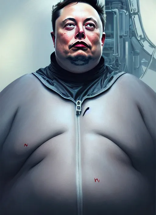 Image similar to obese elon musk, portrait, intricate, elegant, highly detailed, digital painting, artstation, concept art, wallpaper, smooth, sharp focus, illustration, art by h. r. giger and artgerm and greg rutkowski and alphonse mucha