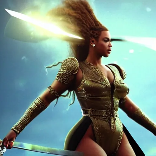 Prompt: a beautiful cinematic image of a beyonce wielding a sword, cinematic, 4k, realistic, anime artwork, rtx, hyperrealistic, unreal