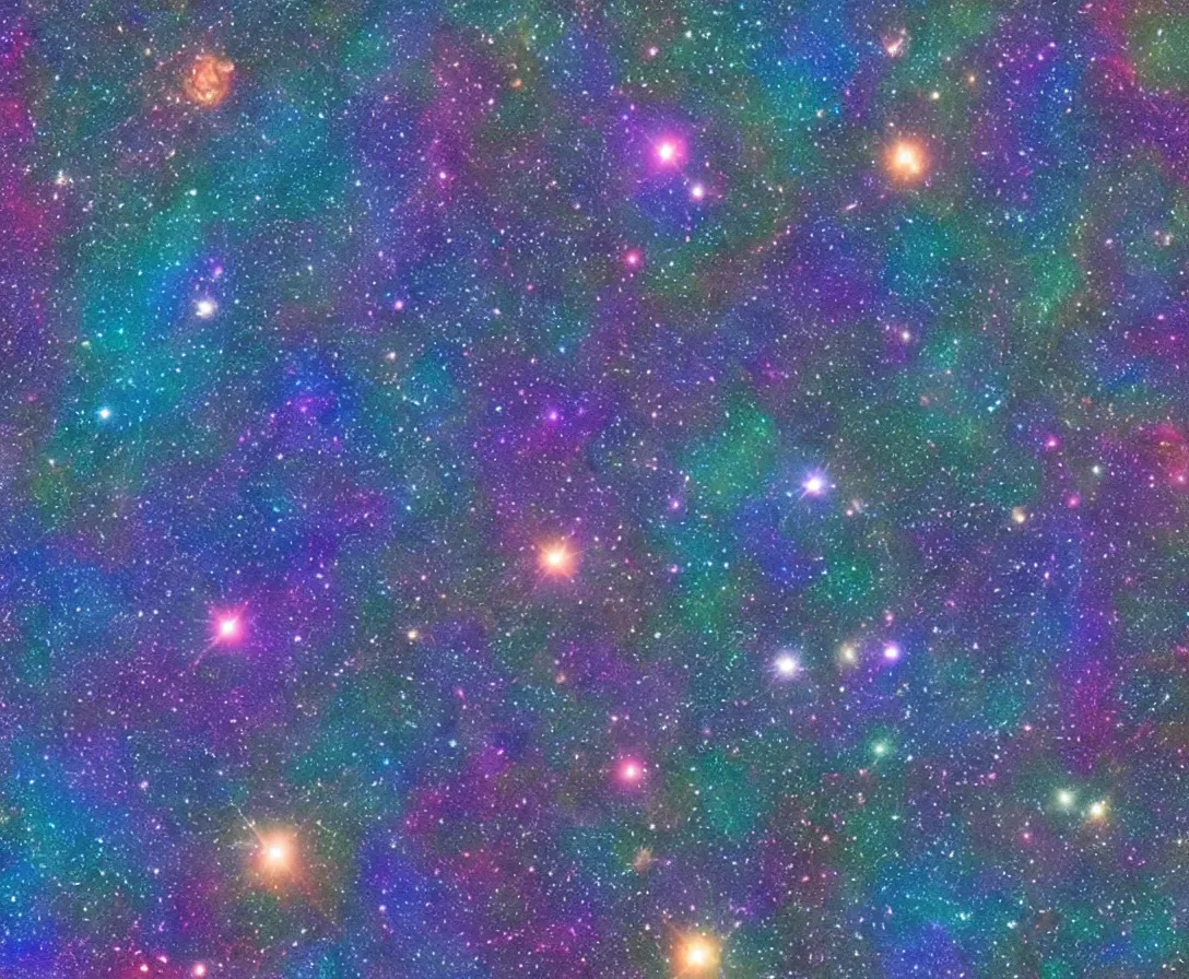 Image similar to whales swimming in space, colorful galaxy