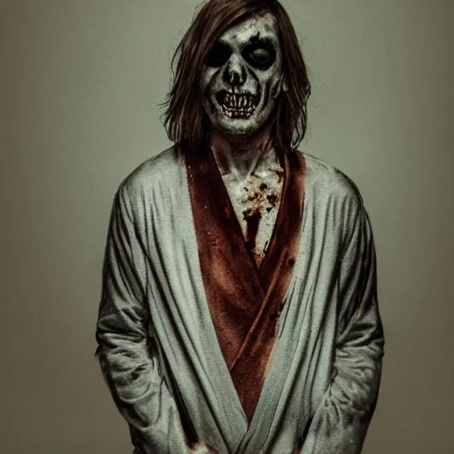 Image similar to a zombie wearing an eyepatch and a robe