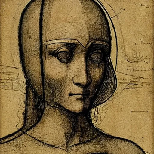 Prompt: leonardo da vinci's lost sketch of his cybernetic human design