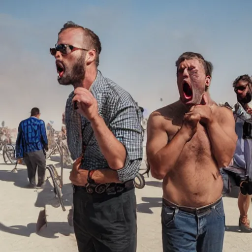 Image similar to angry stock brokers at burning man