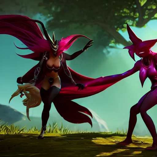 Image similar to xayah and kai'sai, league of legends, unreal engine, by weta digital, 3 - dimensional, rays of shimmering light, best friends