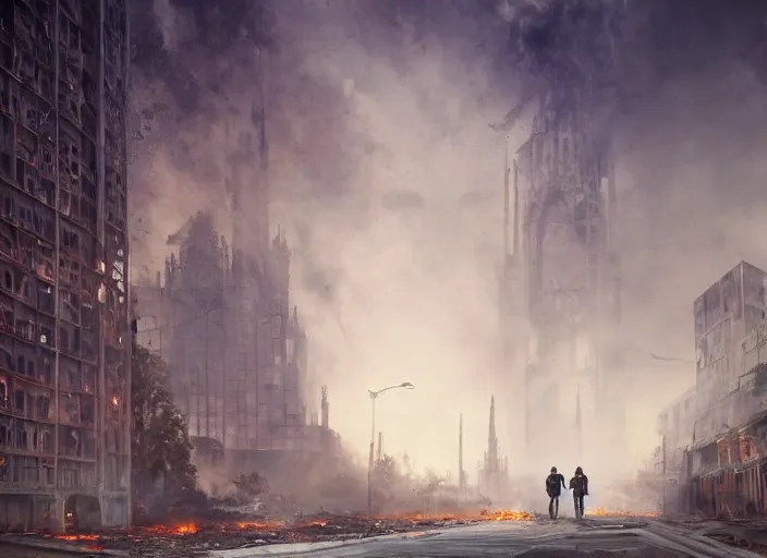 Prompt: a photo of a city after a apocalyptic war, fire from some windows, ethereal light, 15mm lens, futuristic cathedral in the center of the road, photorealistic, octane render, 4k, specular light, shallow depth of field, concept art, artstation, highly detailed, art by john salminen, ivan shishkin, kim keever, pierre pellegrini and ash thorp