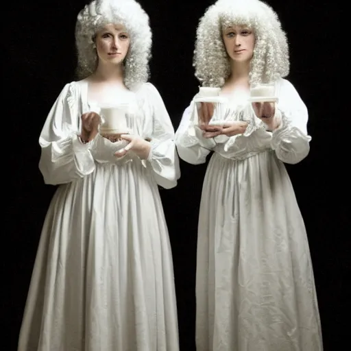 Image similar to photograph of two women with 18. century white costumes and white big baroque curly wigs, standing in a hall, candle light only