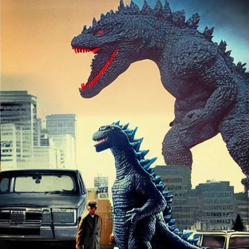 Prompt: godzilla vs obama in a wendy ’ s parking lot, photography, realistic, realism, photorealism, f 3. 5