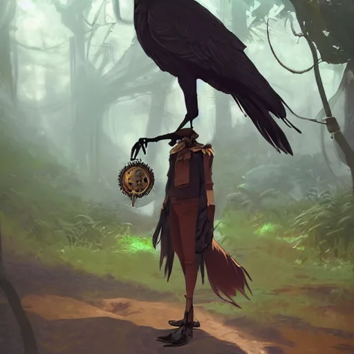 Image similar to concept art painting of an anthropomorphic crow person with steampunk clothes, in the deep forest, realistic, detailed, cel shaded, in the style of makoto shinkai and greg rutkowski and james gurney