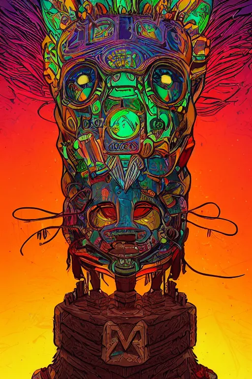 Image similar to totem animal tribal chaman vodoo mask feather gemstone plant wood rock video game illustration vivid color borderlands by josan gonzales and dan mumford radiating a glowing aura