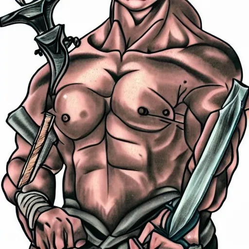 Image similar to muscular bald man, tattooed body, sword in hands, HD, anime style,