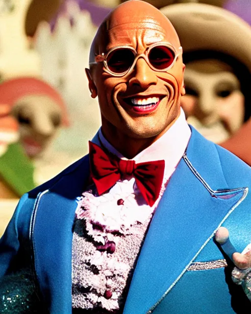 Image similar to Film still close-up shot of Dwayne Johnson as Willy Wonka from the movie Willy Wonka & The Chocolate Factory. Photographic, photography