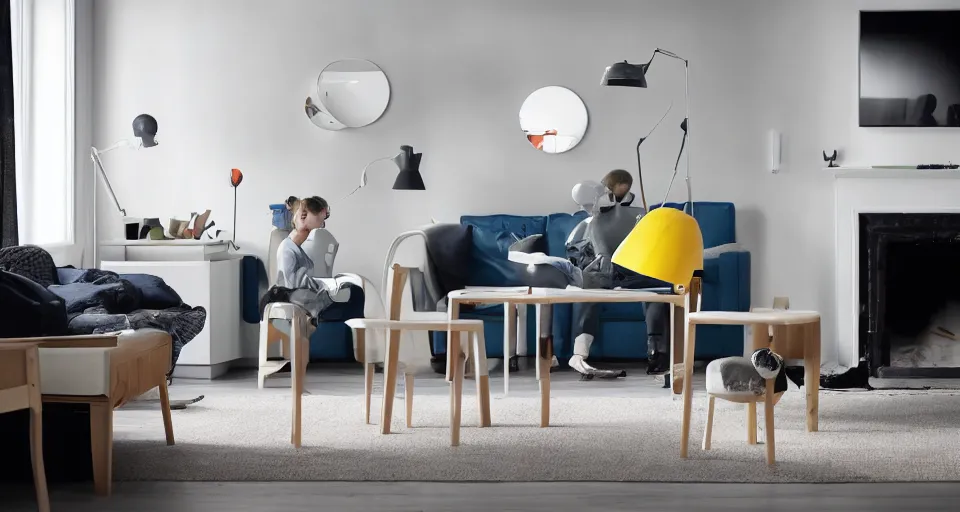 Prompt: IKEA catalogue photo of a living room, robots are tearing it apart, fire, flood, mirrors,