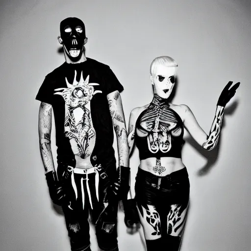 Image similar to photoshoot die antwoord black and white freaky alien