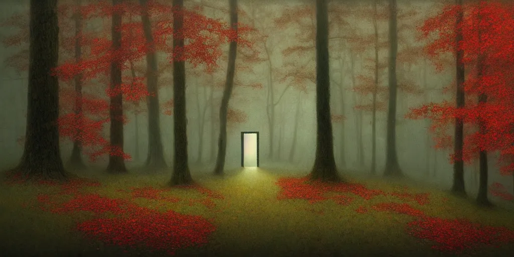 Prompt: a door in an autumn forest, green and red tones, by Aron Wiesenfeld, cinematic, detailed illustration, nature, fog, dark colors, suspense, intricate, 8k