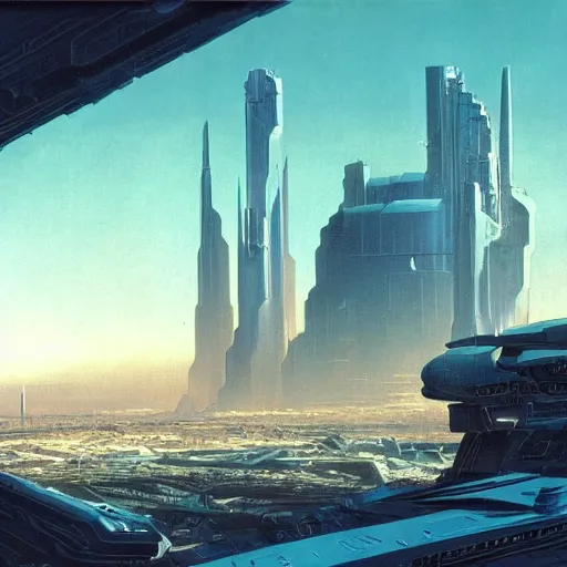 Image similar to futuristic city seen from afar from a wasteland, daylight, blue sky, cinematic lighting, blue sky, syd mead, john harris