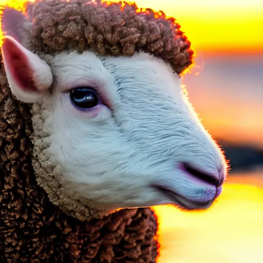 Image similar to a closeup photorealistic photograph of a cute baby sheep splashing in the surf during sunset. professional capture, well lit shot. this 4 k hd image is trending on artstation, featured on behance, well - rendered, extra crisp, features intricate detail, epic composition and the style of unreal engine.