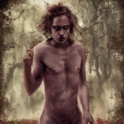 Prompt: frank dillane as a satyr full body portrait, seductive, sexy, leaves, intricate, digital painting, old english, whimsical background by marc simonetti, artwork by liam wong