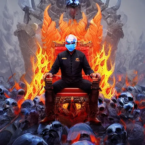 Image similar to Joe Biden sitting on a throne of skulls surrounded by fire, digital painting, highly detailed, trending on Artstation