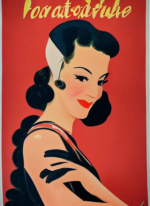 Image similar to portraitbeautiful and glamorous black-haired woman, smooth hair, arab, 1940s propaganda poster, full hd,highly detailed