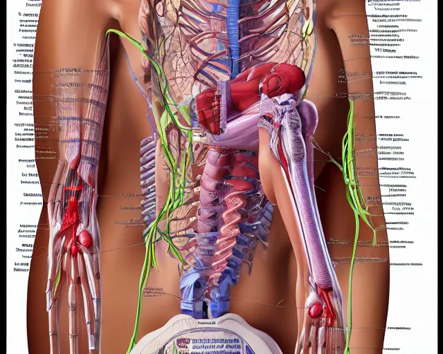 Image similar to female synthetic human, highly detailed labeled medical anatomy poster, photorealistic, hyperrealistic, high resolution